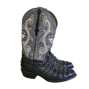 El General Cowboy Boots Men Size 8.5 Black Gray Crocodile Eagle Embroidered